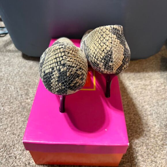 Isaac-Mizrahi Women's 10 Snakeskin Brown Black Print Heels Y2K 2000's Glam - Picture 4 of 8